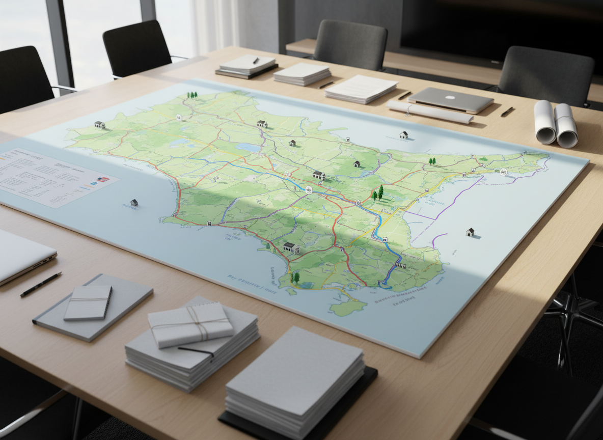A large, detailed regional map of the Western Bay of Plenty printed on a smooth, matte white board, with clearly defined districts, coastal outlines, transport corridors, and green zones. Thin colored lines show key infrastructure routes and proposed growth areas, with small, neatly designed icons for housing, transport hubs, and environmental reserves. The board rests on a clean, light-wood table in a modern meeting room, surrounded by neatly stacked documents and a closed laptop. Soft, diffused daylight from an unseen window washes across the map, creating gentle shadows at the edges. Photographic realism, shot from a slightly elevated angle with sharp focus throughout, conveying a professional, organised, and strategic atmosphere aligned with regional advocacy and long-term planning.
